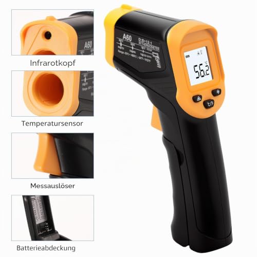 Infrared Thermometer, -50°C to 600°C Lightweight Temperature Meter, Non-Contact Digital Laser Thermometer, Illuminated Screen, Non-Human - for Kitchen/Grill/Cooling/Industry Yellow