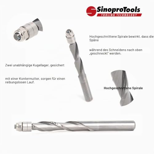 Solid carbide spiral flush cutter, upcut, diameter 8 mm, NL 28.6 mm, shaft 8 mm | 2 ball bearings ensure precise template guidance. Upcut spiral improves chip removal and milling performance. 8x28mm
