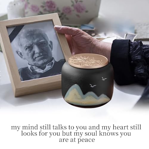Black Ceramic Keepsake Urn for Human or Pet Ashes - Elegant Remembrance Vessel with Tranquil Mountain Motif, Reverently Honoring Your Beloved（Mountain Black） Mountain Black