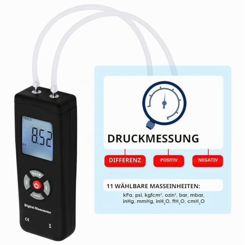 Professional Digital Manometer, Portable Handheld Air Vacuum/ Gas Pressure Gauge Meter 11 Units with Backlight, ±13.78kPa ±2PSI, Suitable for Differential Pressure of 1-2 Pipes, Ventilation,etc 11 units of measurement