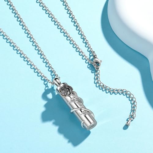Rose Flower Urn Necklace for Ashes Stainless Steel Cylinder Ash Holder Pendant Cremation Jewelry for Ashes Black