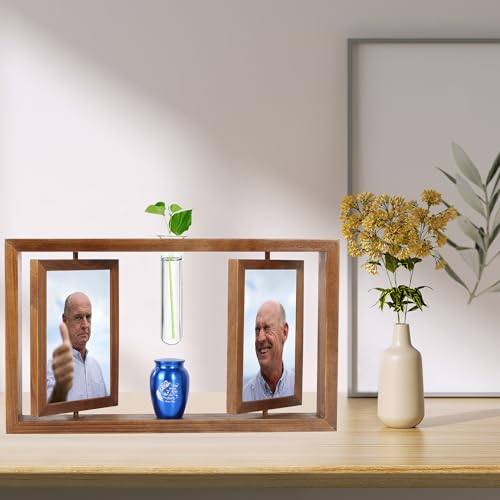 Small Urn for Human Ashes and Memorial Picture Frame Hold Two 4’’ x 6’’ Photo with Hydroponics Glass Vase,Mini Keepsake Urn（Not Included Plant）