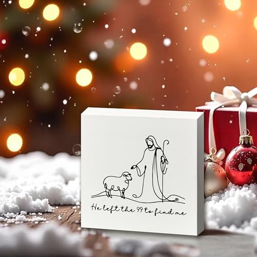 Christian He Left the 99 to Find Me Wooden Box Sign, Christian Gifts for Women, Faith Based Gifts, Bible Verse Scripture Wood Block Sign for Home Office Desk Shelf Table Decor, 5x5 Inch white -5