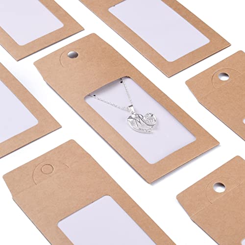 Stiesy 100 Pcs Kraft Paper Necklace Display Cards Cardboard Paper Jewelry Box Presentation Box with PVC Window for Jewelry Display BurlyWood-100pcs