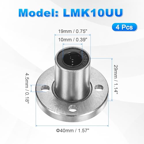 PATIKIL LMK10UU Linear Ball Bearings 10mm Bore Dia 19mm OD 29mm Long 4.5mm Hole, 4Pcs Round Flange Linear Motion Bushing Double Side Rubber Sealed Rod Liner Shaft for Machine 3D Printer