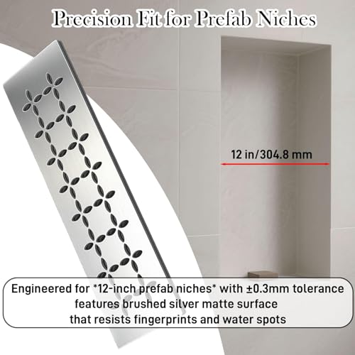 Floral Design Brushed Stainless Steel Shower Shelf for 12" Prefab Niches - Tool-Free Drop-in, Fits Standard 1/8 Inch Grout Lines (Matte Silver) 1 PACK