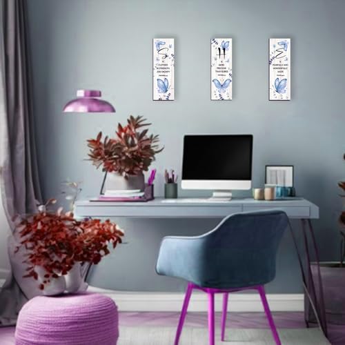 DONFENTHY 3 Pcs Butterfly Wall Decor Blue Room Decor Butterfly Wall Art Wooden Hanging with Religious Bible Word Sign for Women Room Bathroom Bedroom Office Decoration(Blue, 12x4 Inch)