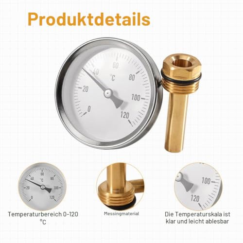 Bimetallic thermometer Ø63 mm 0–120°C with G1/2 connection | With Ø10 mm immersion sleeve for temperature measurement on radiators, heating systems, boilers and hot water pipes
