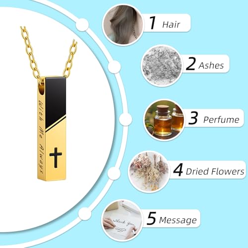 Cremation Jewelry Bar Urn Necklace for Ashes Cross Pattern Cube Ash Pendant with Mini Keepsake Urn Memorial Ashes Jewelry for Women Men - With Me Always Gold-With Me Always