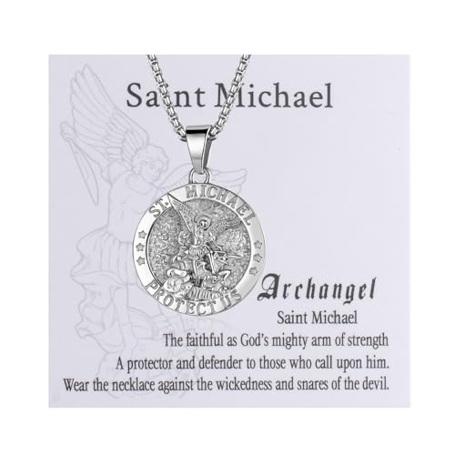 Flong Saint Michael Pendant Necklace: Catholic Archangel Medal Necklace Religious Amulets Jewelry Gifts for Men With Card silver