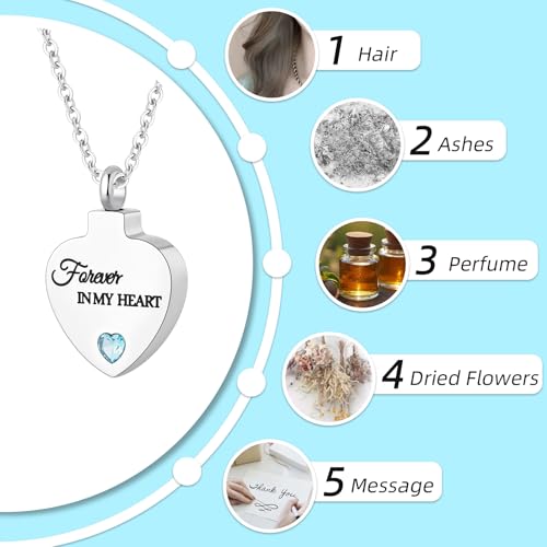 Cremation Jewelry for Ashes Pendant - Crystal Birthstone Heart Urn Necklace with Mini Keepsake Urn Memorial Ashes Jewelry for Women - Forever In My Heart Light Blue