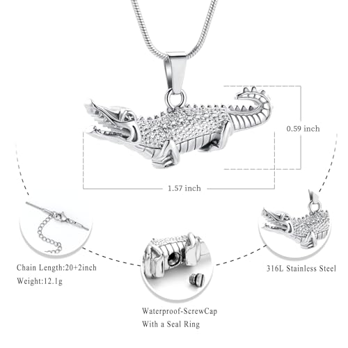Oinsi Crocodile Cremation Jewelry For Ashes For Pet Stainless Steel Aligator Memorial Urn pendant Necklace For Men Keepsake Jewelry Gifts Silver