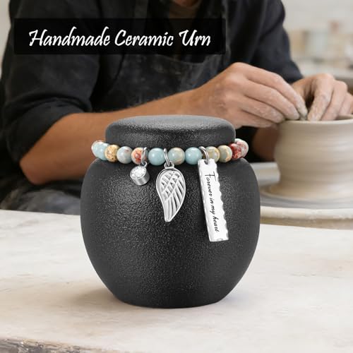 Ceramic Small Urn for Human Ashes Keepsake for Women Men Handmade Cremation Mini Urn for Ashes for Memorial-Black Black