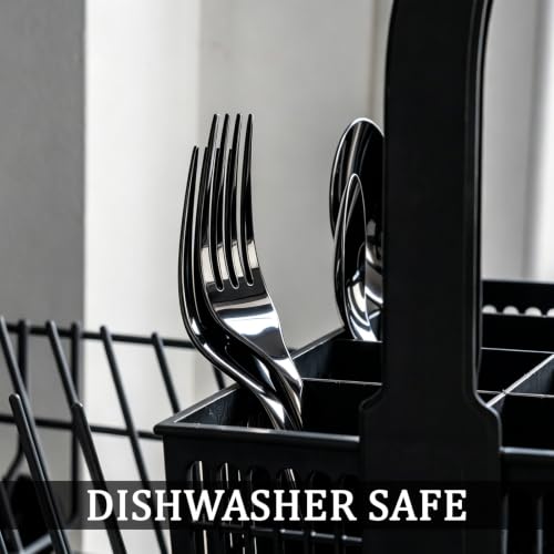 Set of 24 black stainless steel serving spoons and forks from Anboliwb, arranged in a neat display.
