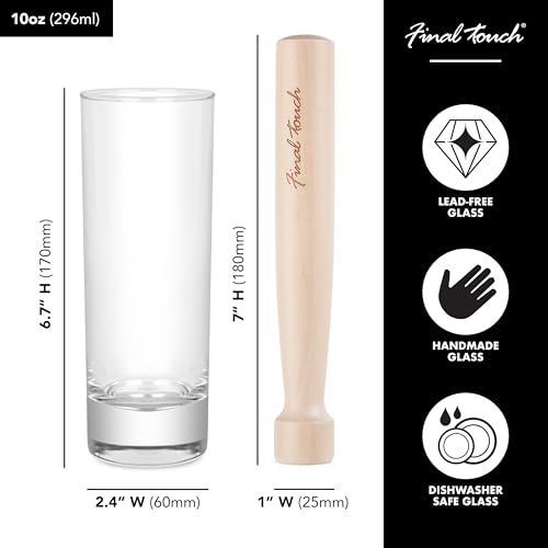 Final Touch Mojito Highball Glasses 10 oz & Wood Muddlers, 6-Piece Set Set of 4 with 2 Muddlers