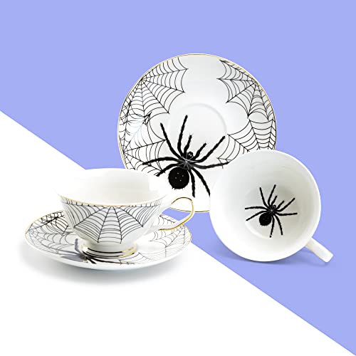 Black Spider White Gold Tea Cup and Saucer with Gold Trim Halloween