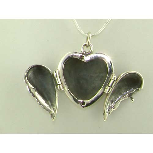 Sterling Silver Unusual Hinged Locket Pendant with Opening Angel Wings & Choice of 16" 18" 20" Sterling Silver Snake Chain Necklace