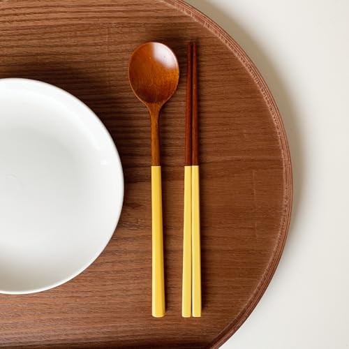 Korea traditional lacquer wooden Chopsticks and Spoon Set, 2 Pair, Yellow