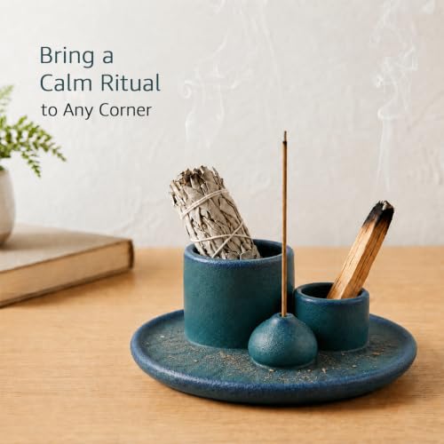 4 in 1 Ceramic Incense Holder, Palo Santo Stick Holder, Sage Holder for Burning, 5.2" Ash Catcher Tray for Meditation, Yoga & Home Decor (Blue) Blue