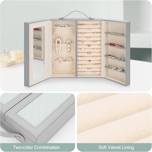 DesignSter Jewelry Box for Women, Jewelry Storage with Mirror, Travel Jewelry Organizer with Handle for Stud Earrings, Rings, Necklaces, Bracelets(Gray & Tea Green) Gray & Tea Green