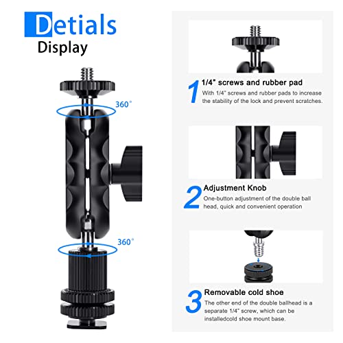 Magic Arm Cool Ballhead Double Ball Head Adapter with 1/4’’ Screw and Cold Shoe Mount - 2 Pack for Cameras, Camcorders, Monitor, Flash, LED Light, Microphone, and More