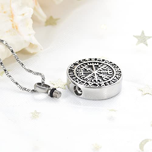Yinplsmemory Cremation Jewelry Viking Runic Compass Urn Necklace for Ashes for Men Ashes Keepsake Memorial Jewelry for Human/Pet Ashes Silver