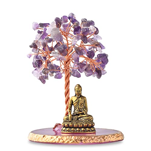 Buddha Statue with Healing Crystal Tree, Tree of Life for Positive Energy. Home Decor Yoga Meditation. Amethyst.(A) A