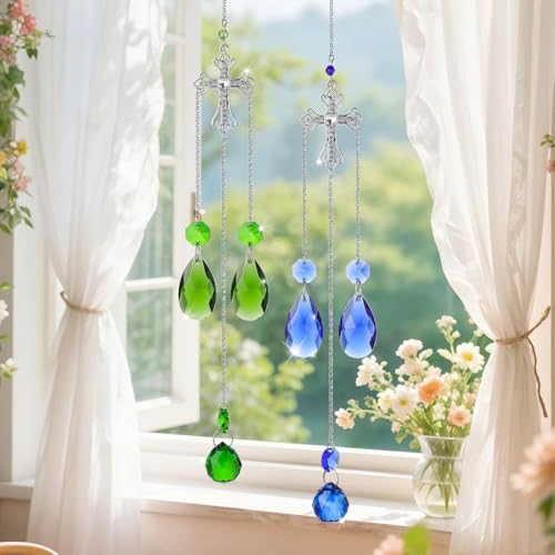 Cross Suncatcher, 16 Inch Blue Green Crystal Sun Catcher, Cross Gift for Religious, Christian Gifts, Easter Faith Home Decor Set of 2