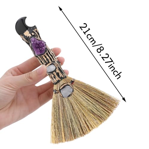 RENEMEGO Witch Crystal Altar Broom - Witchcraft Supplies Wiccan Decor Altar Supplies with Moon Black Obsidian Natural Healing Crystals Reiki Energy Emotional Regulation Wealth Attraction Crafts
