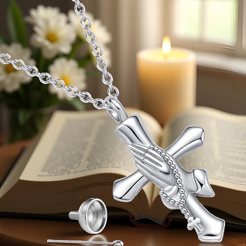 Praying Hands Cremation Jewelry Cross Urn Necklaces for Ashes Memorial Keepsake Women Men Silver Plated
