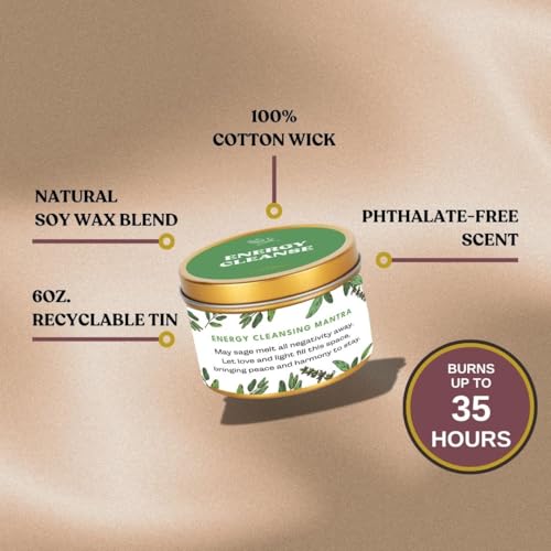 Premium Sage Candle with Energy Cleansing Mantra – Natural Soy Wax, Cotton Wick, Paraben and Phthalate-Free Scent, Non Toxic - Clean Scented Candles for New House, Housewarming, Smudging 6oz