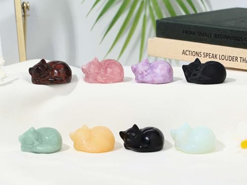 LAIDANLA Opal Sleeping Cat Statue Healing Crystals Moonstones Hand Carved Cute Kitten Figurine Sculpture 1.6" Opalite White Gemstone Decor Polished Stone Reiki Office Desk Home Decoration Gifts B-opal