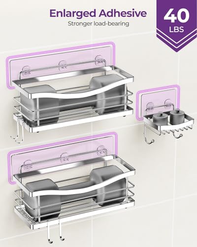 ODesign 3-pack adhesive shower caddies with rustproof silver shelves, suitable for bathroom storage and organization.
