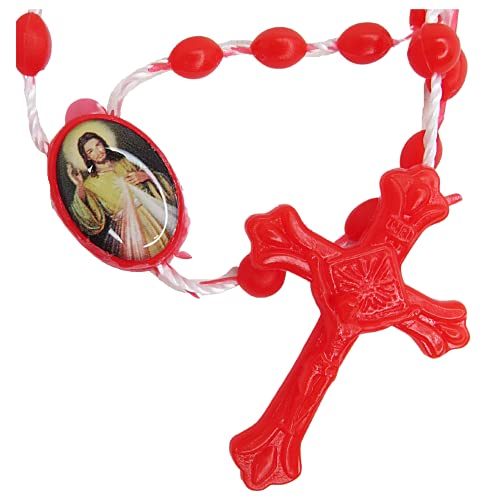 Needzo Red Plastic Prayer Bead Divine Mercy Cord Rosary, Christian Religious Gifts for Women, 15 Inch, Pack of 3