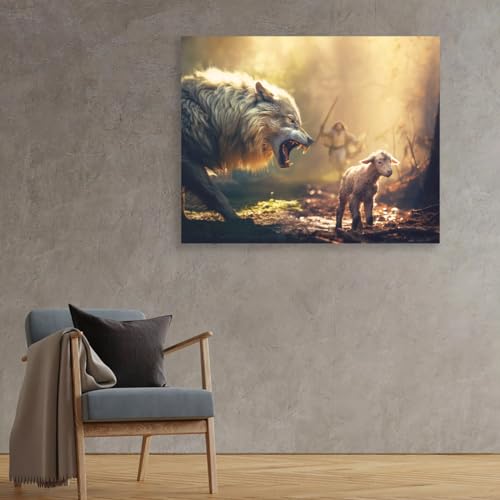 Jesus and Lamb Canvas Wall Art, Wolf and Lamb, Christian Decor, 12 x 16 Wolf & Lamb 12"L x 16"W