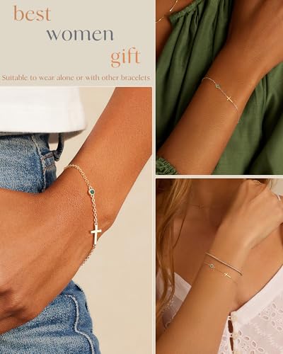 Birthstone Cross Gold Bracelets for Women Non Tarnish Trendy Green May