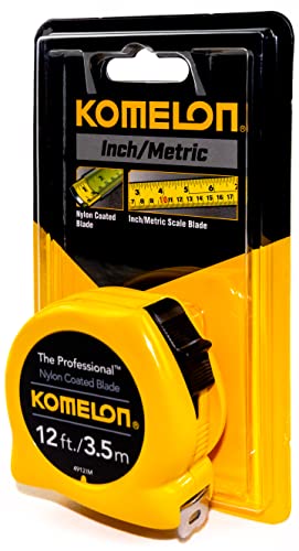 Four-pack Komelon 4912IM tape measures with compact black-and-yellow design