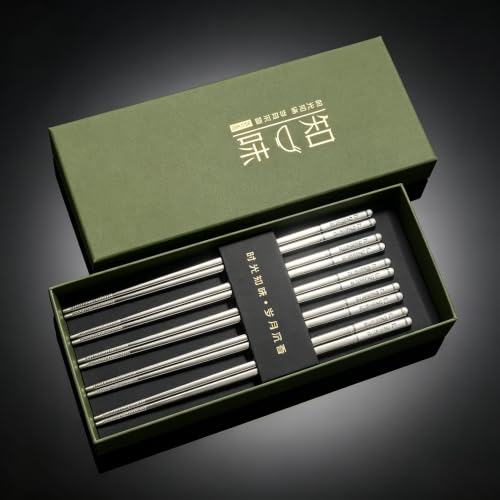 Metal Chopsticks Reusable 18/8 Stainless Steel Chopsticks Multipack Dishwasher Safe Chop Sticks Laser Engraved Non-slip Japanese Korean Chopstick for Cooking Eating 9 1/4 Inches 5 Pairs Gift Se