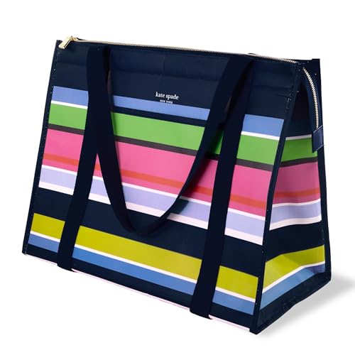 kate spade new york insulated grocery tote bag with sunny day stripe pattern, reusable shopping bag with sturdy handles