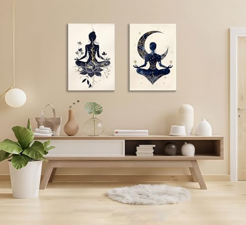 QGJQCFY 2Pcs Celestial Yoga Lotus Moon Canvas Wall Art 12"L x 16"W