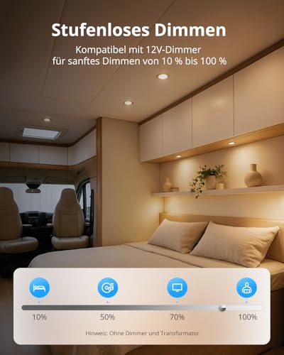 Gr4tec 3W LED Recessed Spotlight, 12V, Motorhome, Aluminum, Dimmable, IP44, Silver, Set of 6 | 12V Recessed Spotlights 3000K Warm White 240LM, Furniture Recessed Light LED Ultra Flat 12mm, Cutout 58-62mm, for Cabinet Caravan Boat