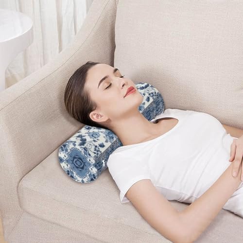 Kigai Cervical Pillow for Neck Pain Relief Memory Foam Pillow with Removable & Washable Cover Cylinder Round Neck Pillow Bolster Pillow for Legs, Bed, Neak, Back, Blue and White Pattern