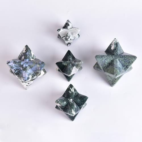JIC Gem Amazing Gemstone Merkaba Moss Agate Metaphysical Merkaba Star for Energy Generator Crystal and Healing Stones for Grid Home Decor Protection Spiritual Gifts Reiki (6-7cm) 2.36-2.75 Inch