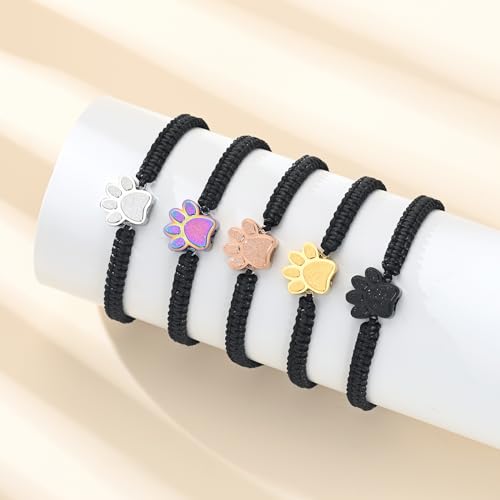 Paw Print Cremation Urns Bracelet for Ashes Adjustable Braided Rope Keepsake Bangle Jewelry for Women Men Memorial Bracelet for Dog Cat Gold