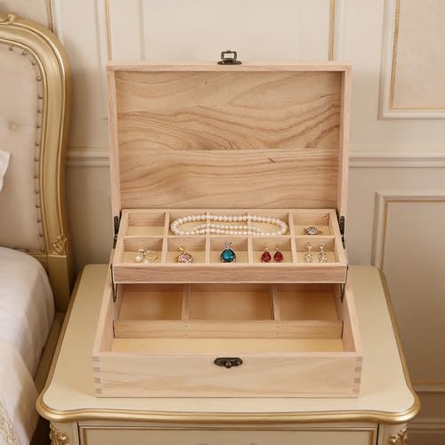 Unfinished Jewelry Box DIY Wooden Trinket Wood Storage Box Keepsake Jewelry with Locking Clasps for Rings Earrings Necklaces