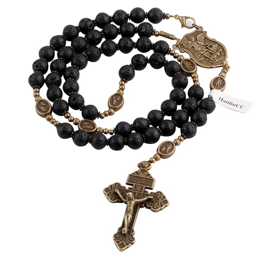 HanlinCC Black Lave Stone Beads Saint Michael Catholic Rosary Necklace with Gift Bag Anti-Bronze