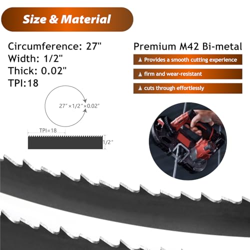 Hiizug 27-inch bandsaw blades, 18 TPI, 1/2-inch wide, 5-pack for DeWalt and Milwaukee portable band saws