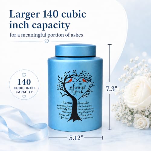 Medium Urns for Human Ashes Up to 140 lbs, 7.3 Inch Small Cremation Urn for Ashes Adult Female Male, Decorative Stainless Steel Funeral Memorial Sharing Urn with Two Cardinal Birds, Blue