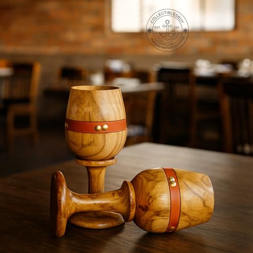 collectiblesBuy Vintage Wooden Wine Goblet Set of 2 with Leather Strap – Handmade Teak Wood Chalices Rustic Drinkware for Wine, Beer, Water & Bar Accessories