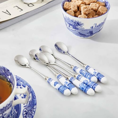 Spode Blue Italian Collection Teaspoons | Set of 6 | Made of Stainless Steel with Porcelain Handles | 6 Inch Dessert Spoons | Blue/White | Hand Wash Only 15cm